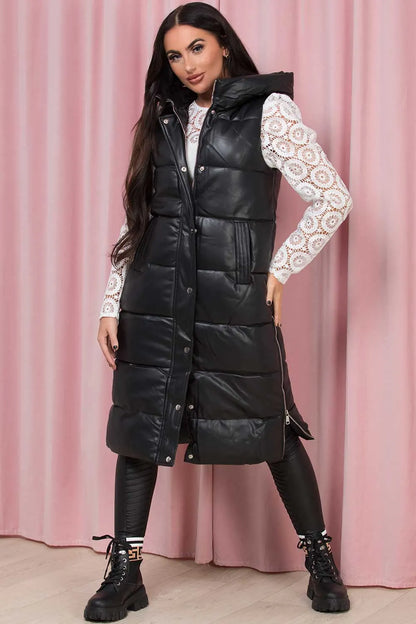 Black Long Faux Leather Puffer Gilet