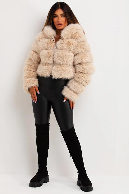 Faux Fur Coat With Hood Beige