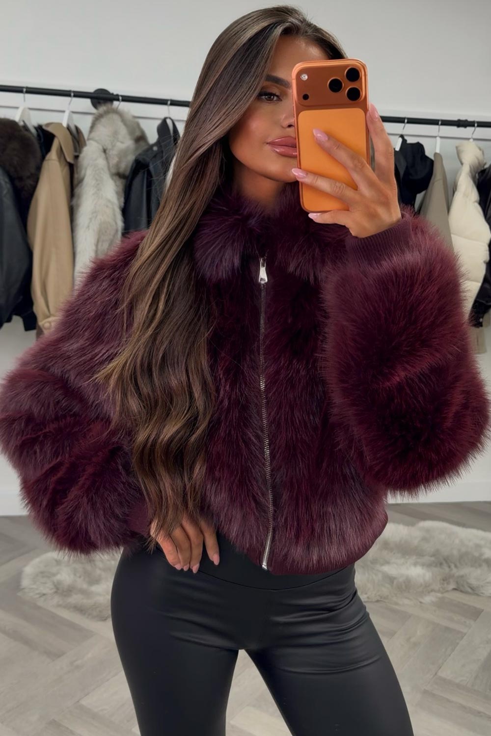 Faux Fur Jacket Burgundy