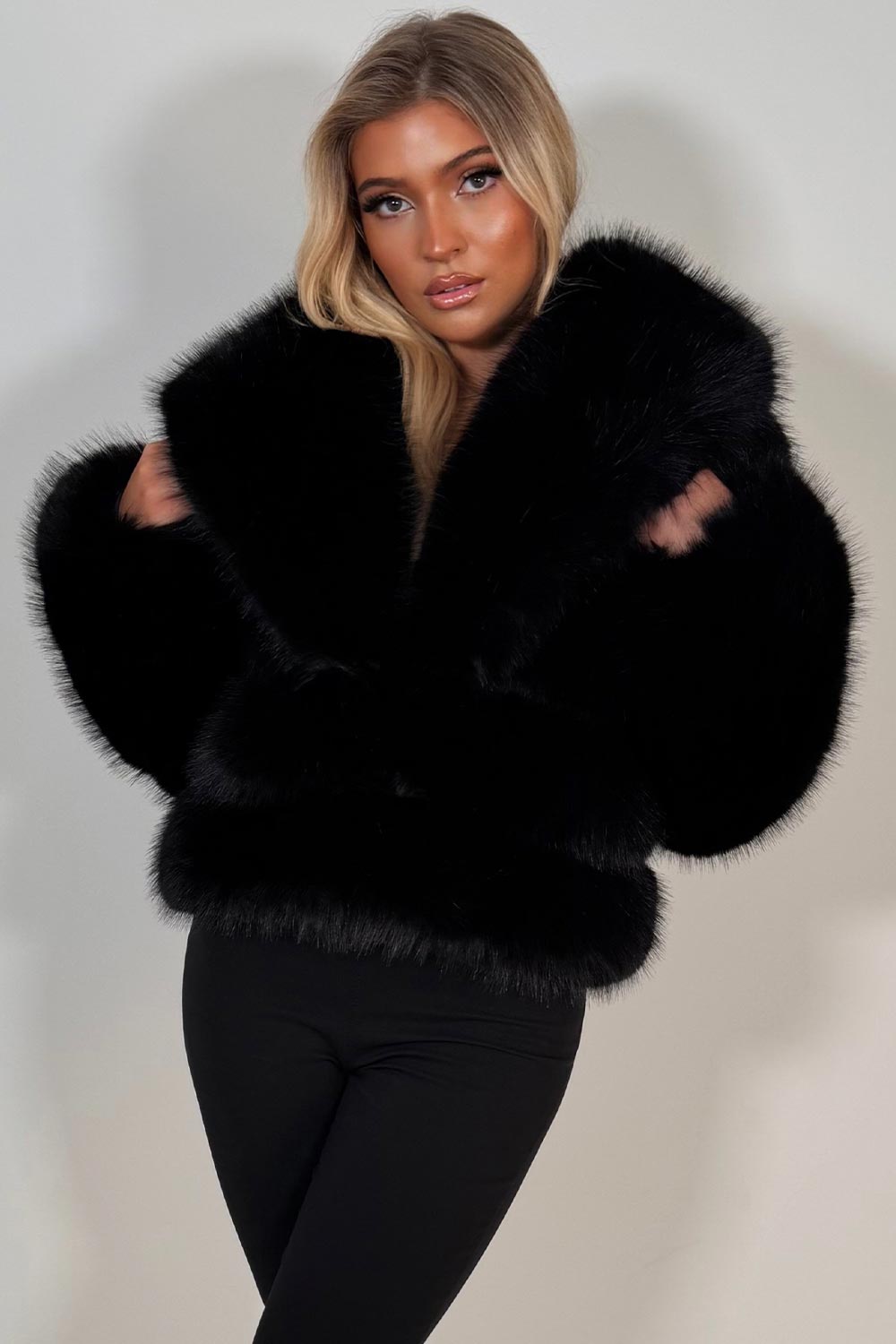 Black Faux Fur Coat With Collar