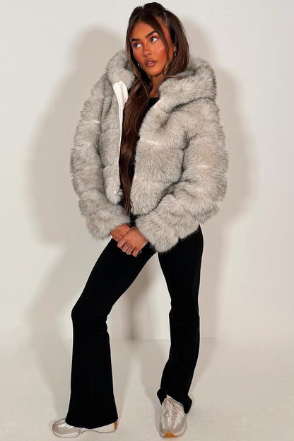 Grey Faux Fur Jacket With Hood