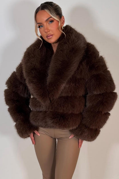Faux Fur Coat With Collar Brown