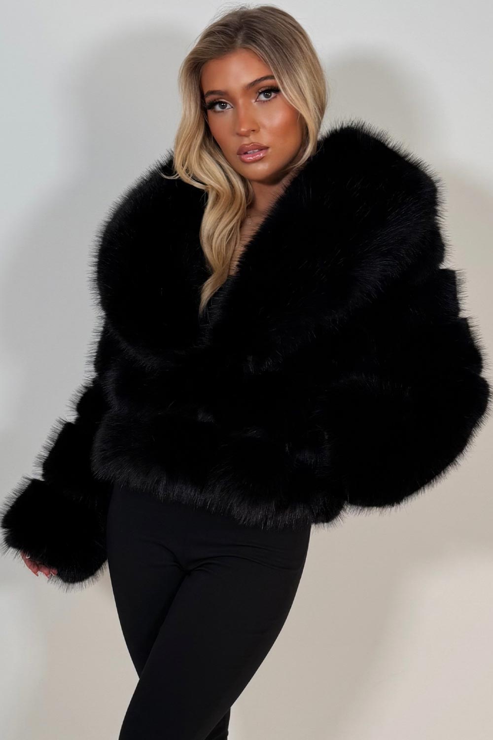 Black Faux Fur Coat With Collar
