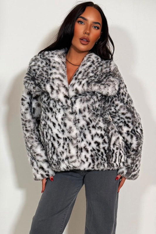 Faux Fur Jacket In White Leopard Print
