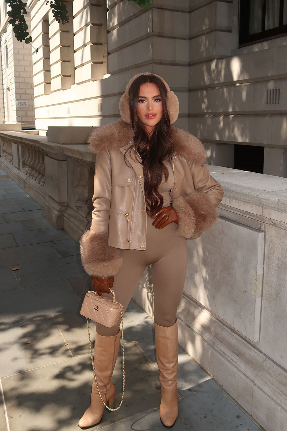 Taupe Faux Leather Jacket With Faux Fur Collar Cuff & Adjustable Waist