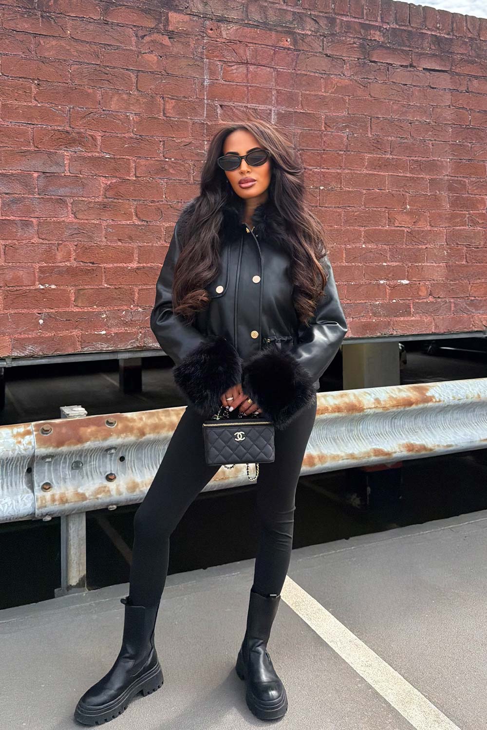 Black Faux Leather Jacket With Faux Fur Collar Cuff & Adjustable Waist