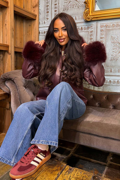 Burgundy Faux Leather Jacket With Faux Fur Collar Cuff & Adjustable Waist