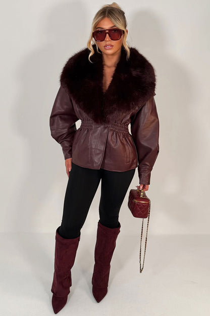 Burgundy Fur Collar Faux Leather Jacket With Cinched Waist