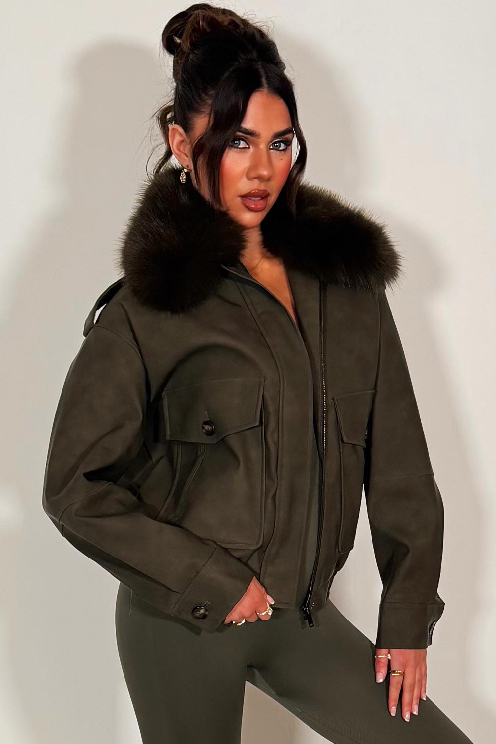 Faux Suede Faux Fur Collar Jacket Khaki