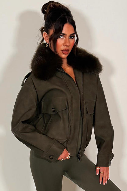 Faux Suede Faux Fur Collar Jacket Khaki