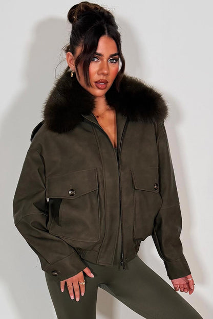 Faux Suede Faux Fur Collar Jacket Khaki