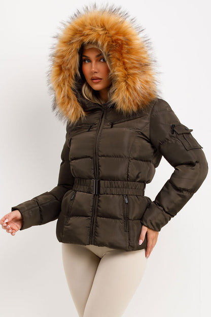 Faux Fur Hood Puffer Jacket With Belt Khaki