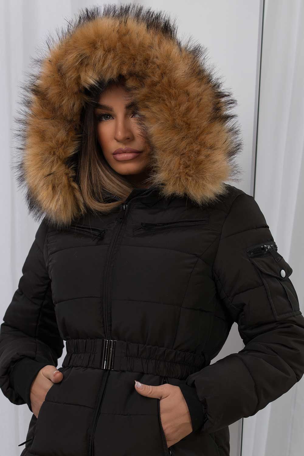 Faux Fur Hood Puffer Jacket With Belt Black