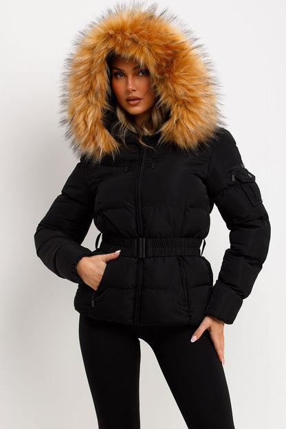Faux Fur Hood Puffer Jacket With Belt Black