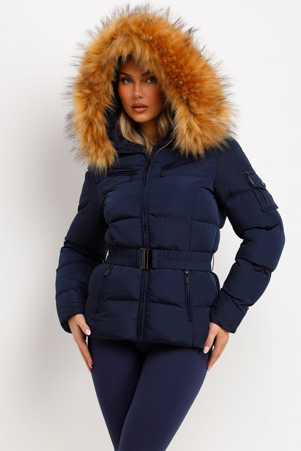 Navy Faux Fur Hooded Jacket With Belt
