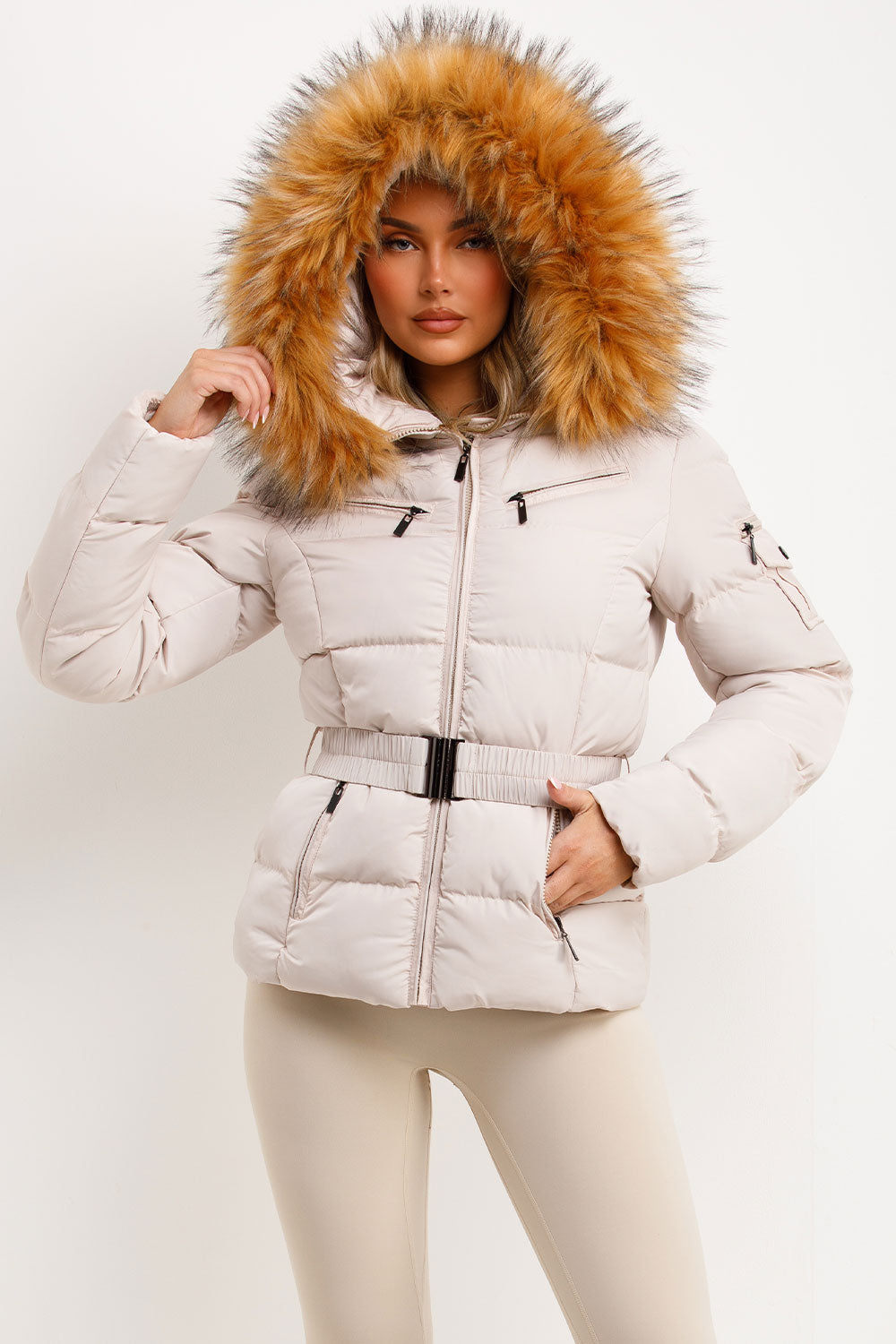 Faux Fur Hood Puffer Jacket With Belt Beige