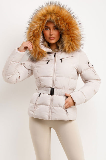 Faux Fur Hood Puffer Jacket With Belt Beige