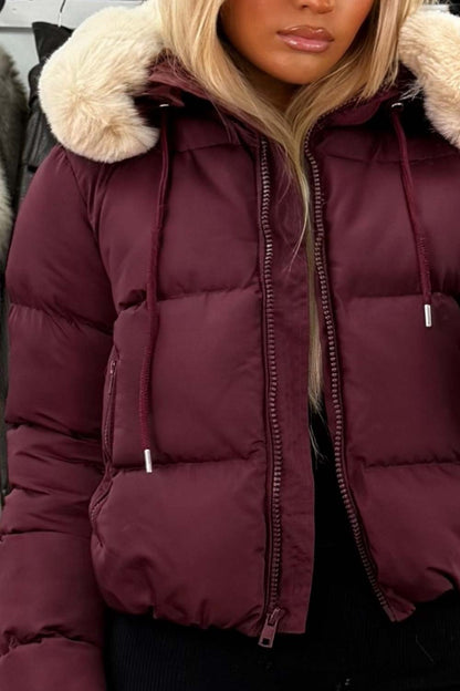 Puffer Jacket With Fur Hood Burgundy