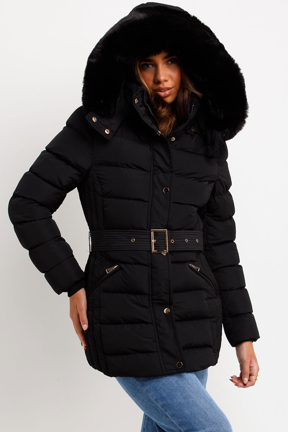Black Puffer Coat With Faux Fur Hood And Belt