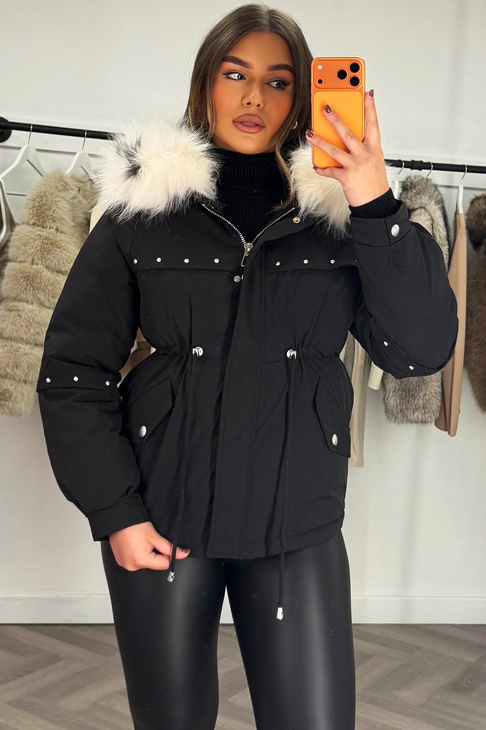 Black Coat With Faux Fur Hood And Drawstring Waist
