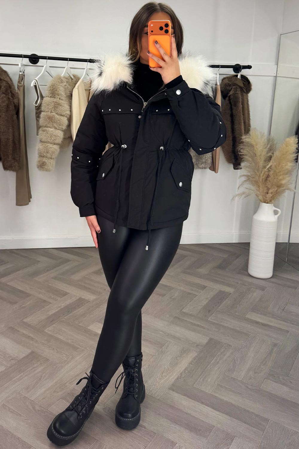 Black Coat With Faux Fur Hood And Drawstring Waist