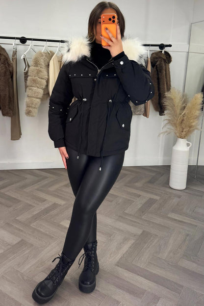 Black Coat With Faux Fur Hood And Drawstring Waist