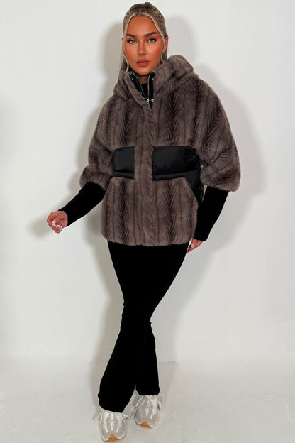 Faux Fur Jacket With Hood Taupe