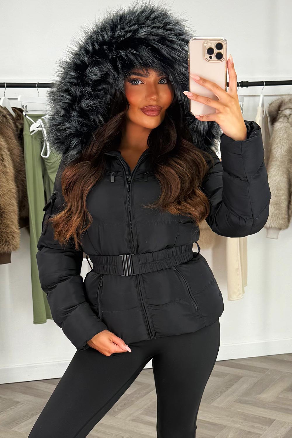 Faux Fur Hooded Jacket With Belt