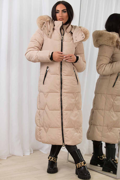 Long Puffer Padded Coat With Faux Fur Hood Beige