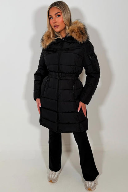 Long Puffer Coat With Faux Fur Hood And Belt Black