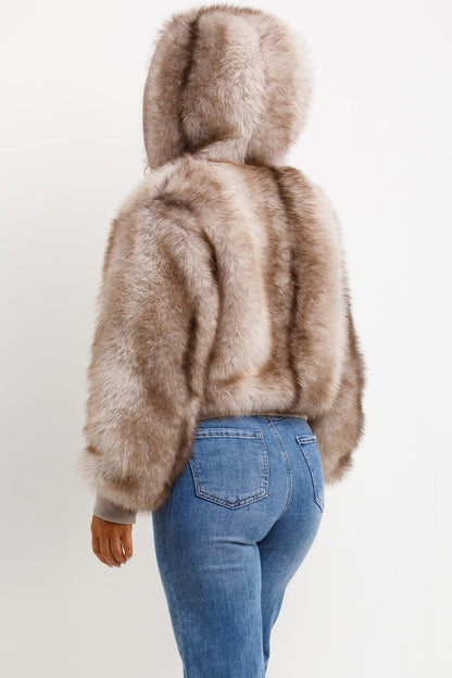 Fur Coat With Hood Beige