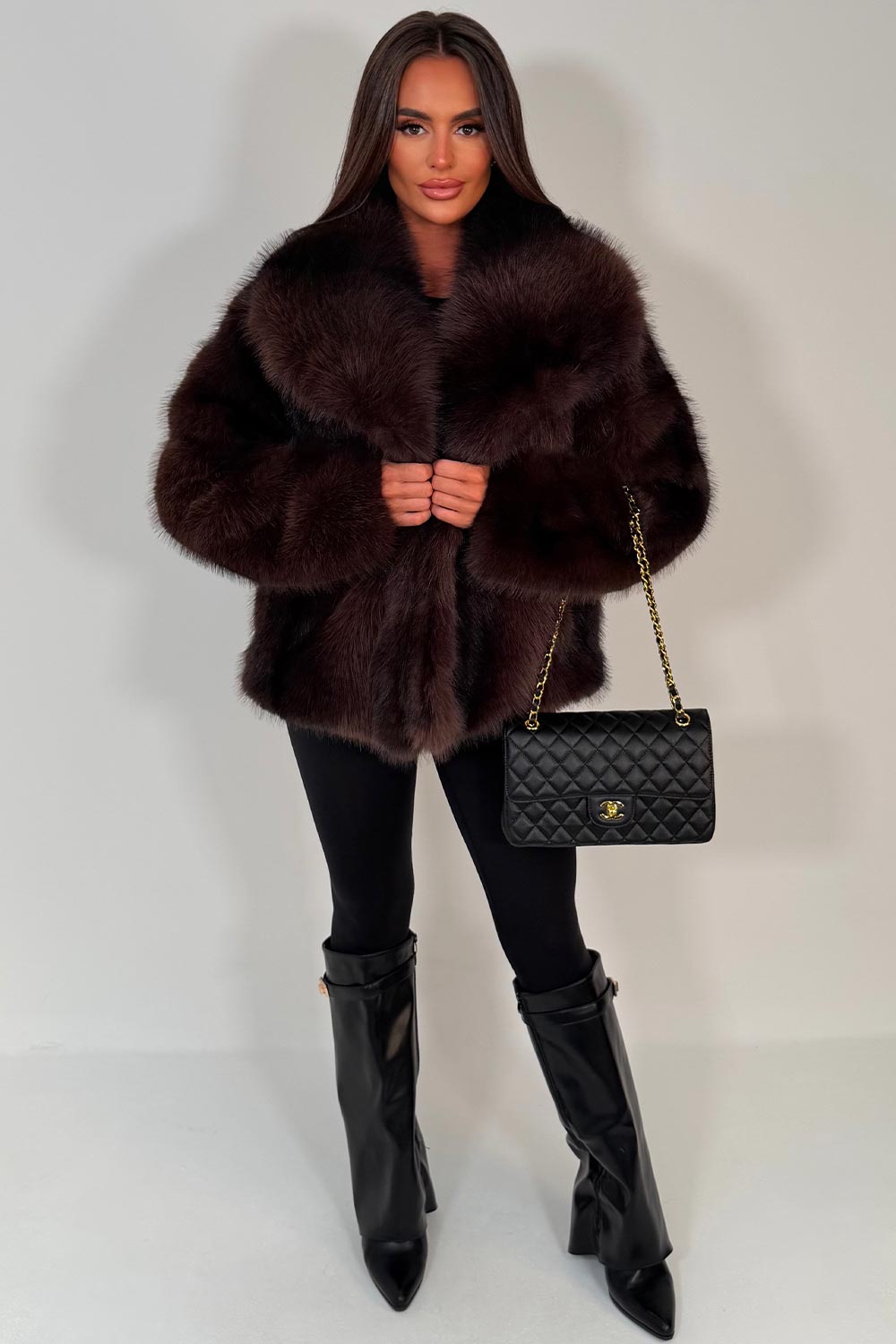 Faux Fur Jacket Collared Brown Colourway