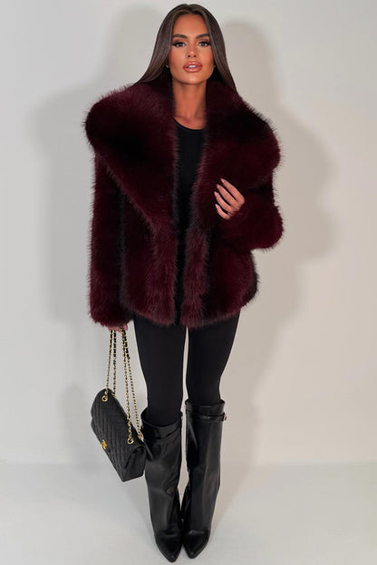 Faux Fur Jacket Collared Burgundy Colourway