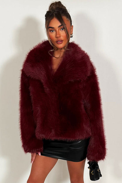 Burgundy Faux Fur Jacket Collared