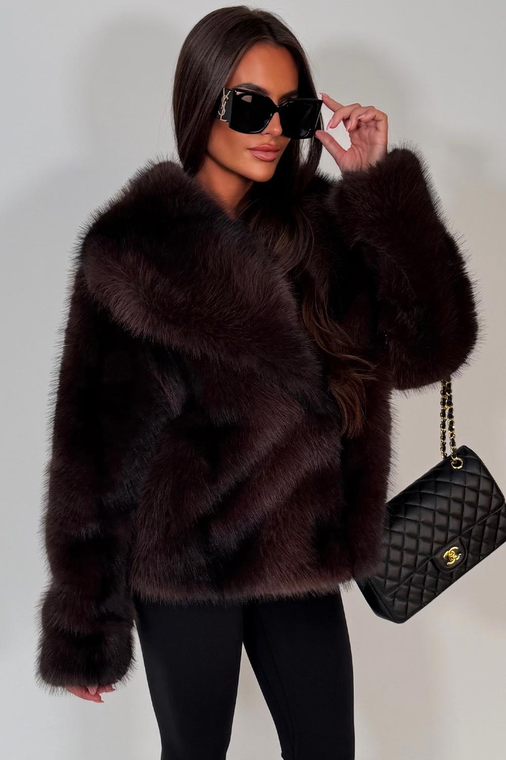 Faux Fur Jacket Collared Brown Colourway