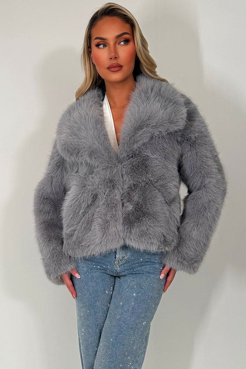 Faux Fur Jacket Collared Grey