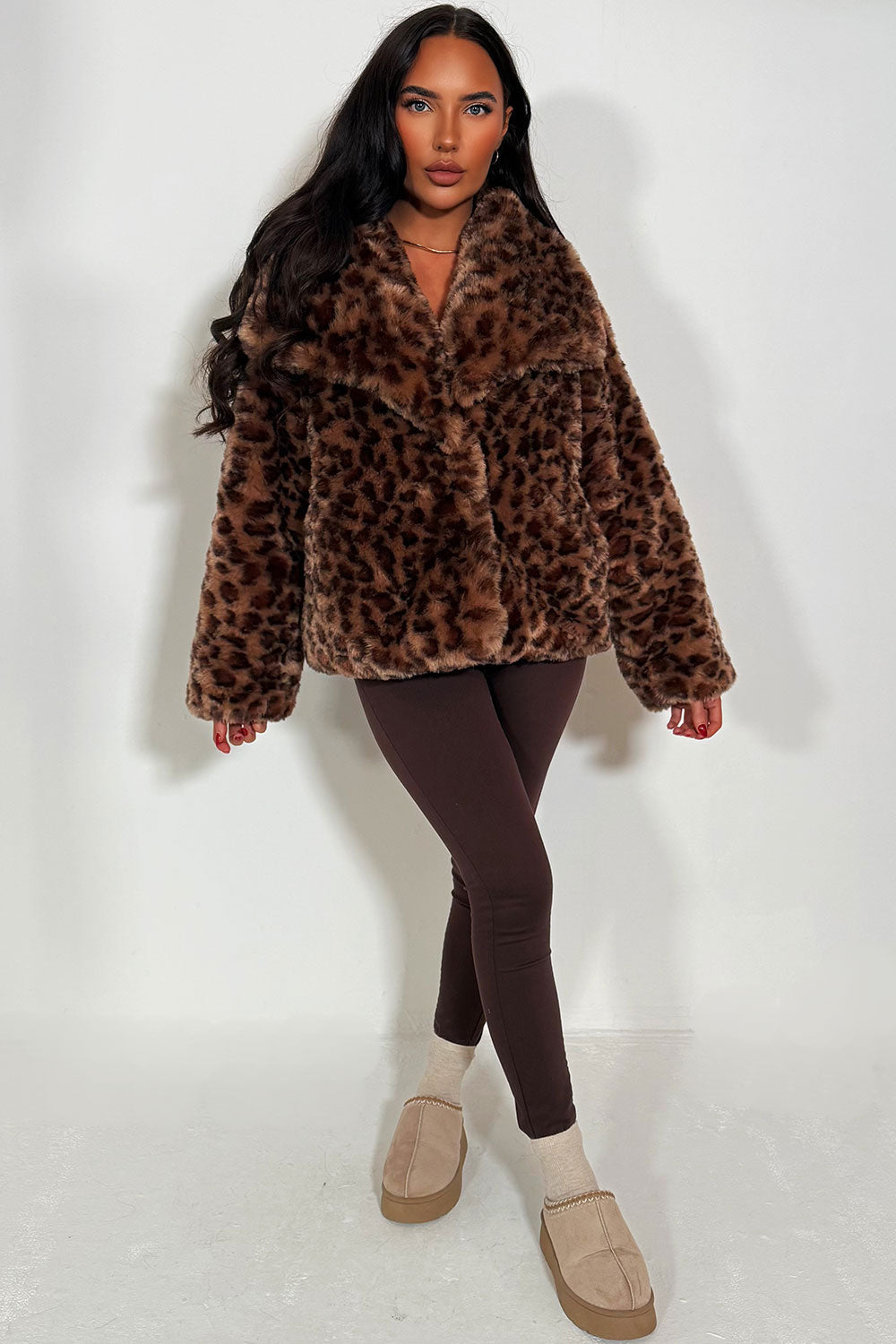 Faux Fur Jacket In Tan Leopard Print