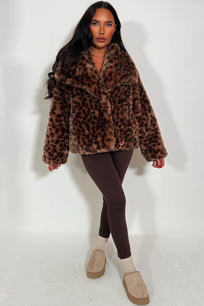 Faux Fur Jacket In Tan Leopard Print