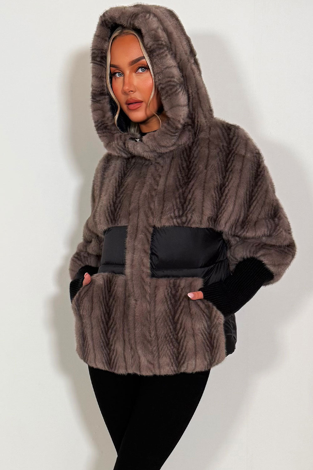 Faux Fur Jacket With Hood Taupe