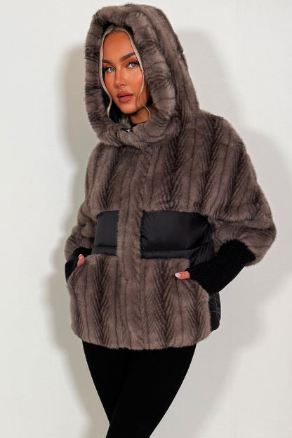 Faux Fur Jacket With Hood Taupe