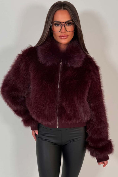 Faux Fur Jacket Burgundy