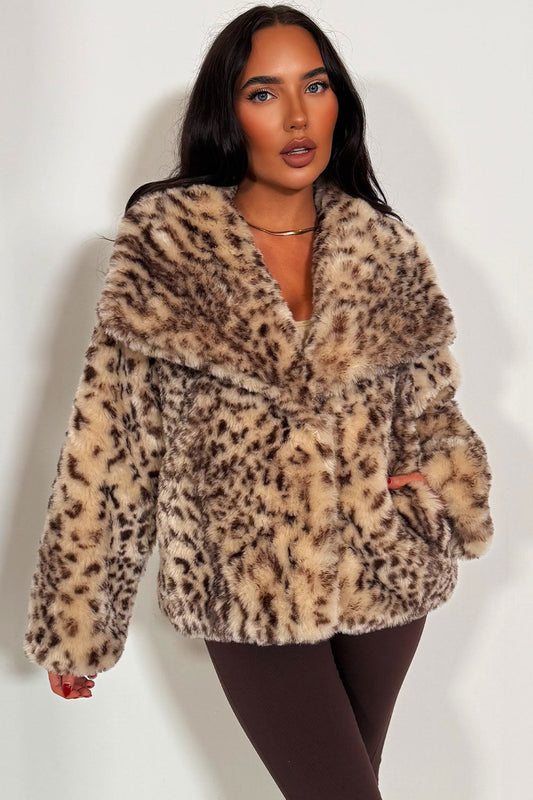 Faux Fur Jacket In Beige Leopard Print