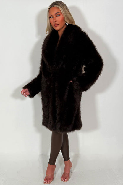 Long Faux Fur Coat Brown