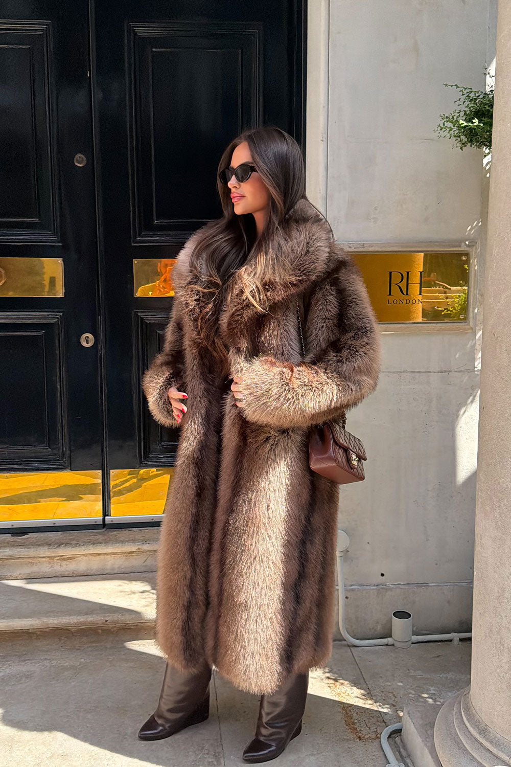 Long Faux Fur Coat With Collar Brown