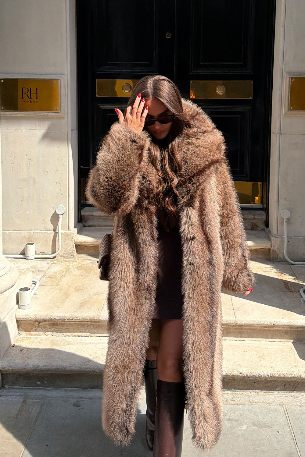 Long Faux Fur Coat With Collar Brown