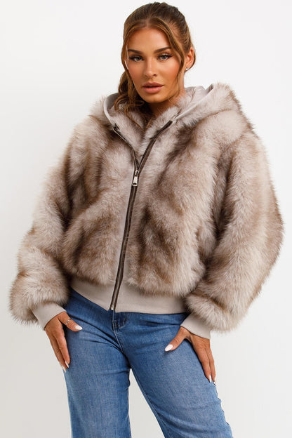 Fur Coat With Hood Beige