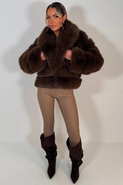 Faux Fur Coat With Collar Brown