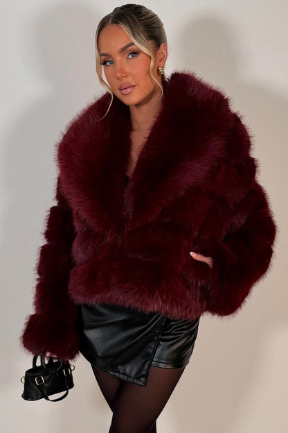 Faux Fur Coat With Collar Burgundy
