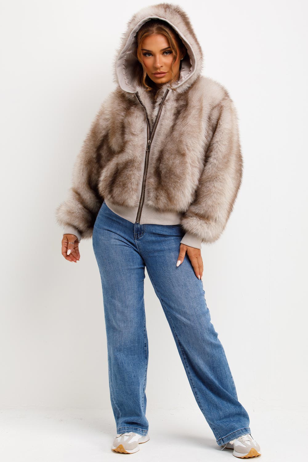 Fur Coat With Hood Beige