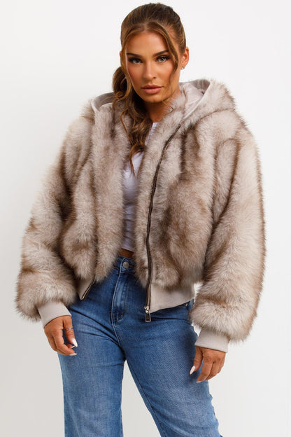 Fur Coat With Hood Beige